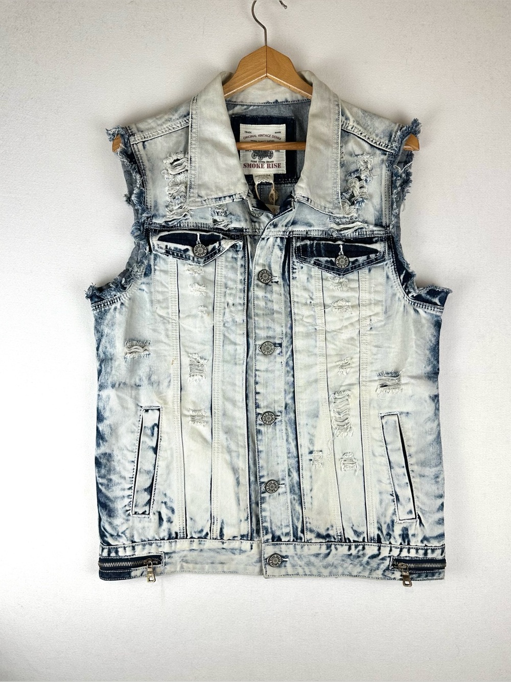 Smoke Rise Distressed Denim Vest Acid Wash NWT Moto Biker Punk